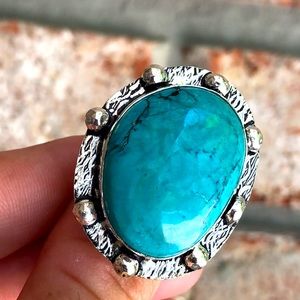 Sterling Silver 925 Handmade Large Textured Turquoise Ring Size 8